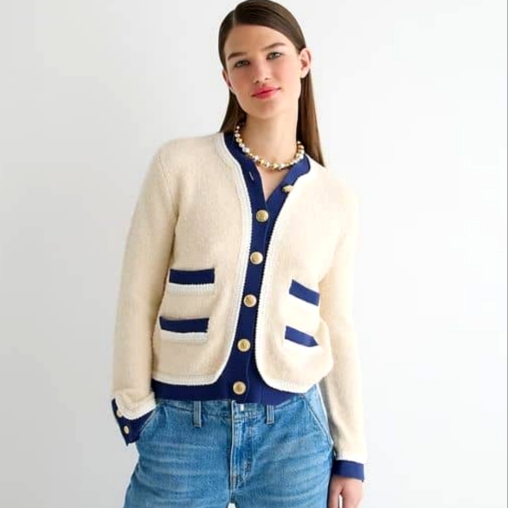 SUPER CLEAN J Crew Boucle Lady Jacket Cardigan Cream Navy Blue Size Large